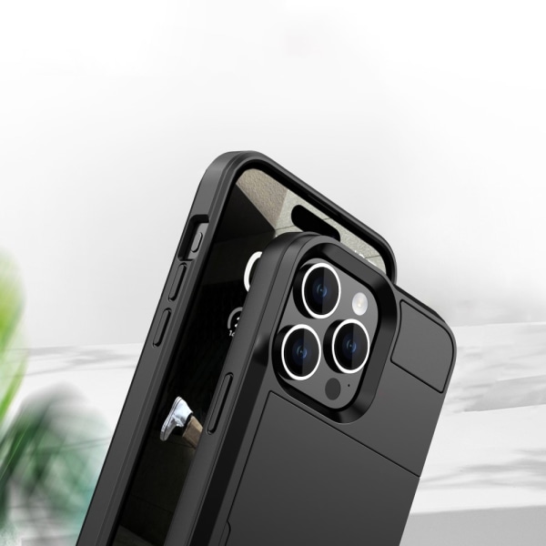 Mobildeksel for iPhone 15 Pro Max med PC+TPU og skyvebart kortlomme Black