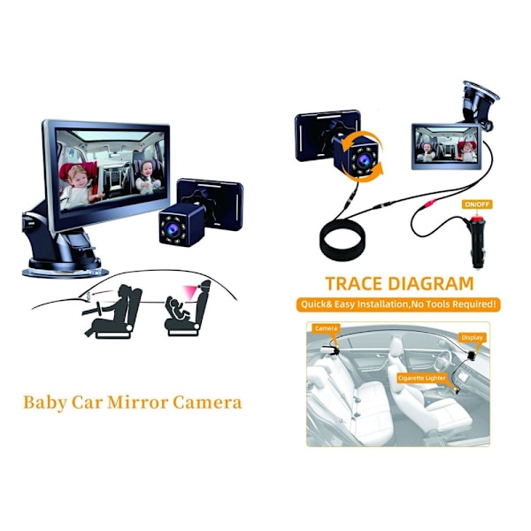 360 graders roterbart 4,3" nattesyn Bil Baby Monitor kamera til sikker kørsel Black