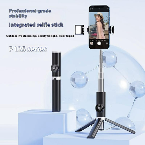 Bluetooth Fjärrkontroll Selfiepinne Smartphone Bärbart Utdragbart Stativ Light Svart