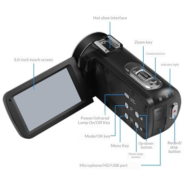 Videokamera Actionkamera 8K Mikrofon Modlysblænde 96MP 3.0" Touchskærm 18X Zoom Black