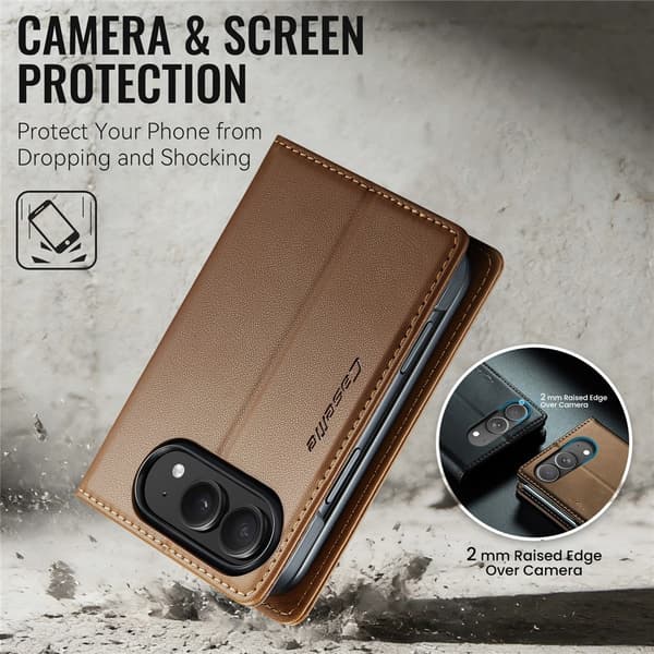 CASEME Glanset telefonlommebokdeksel med litchi tekstur til iPhone Duo Brown