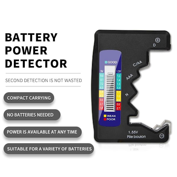 Universal Batteritestare för C/AA/AAA/D/N/9V/6F22/1.55V Svart