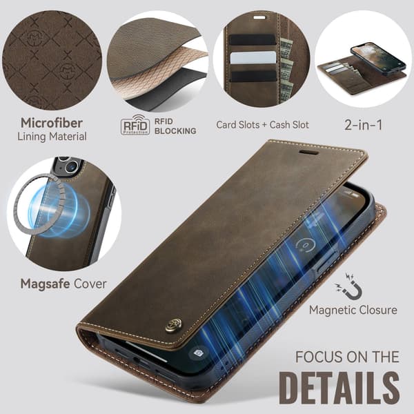 CASEME Til iPhone 15 Lommebokdeksel Magnetisk Avtakbar RFID Beskyttelse - Coffee Brown