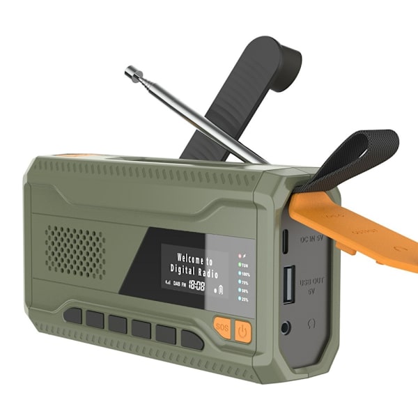 Solar Power Handvev DAB FM Radio Ficklampa 4500mAh Power Bank Grön