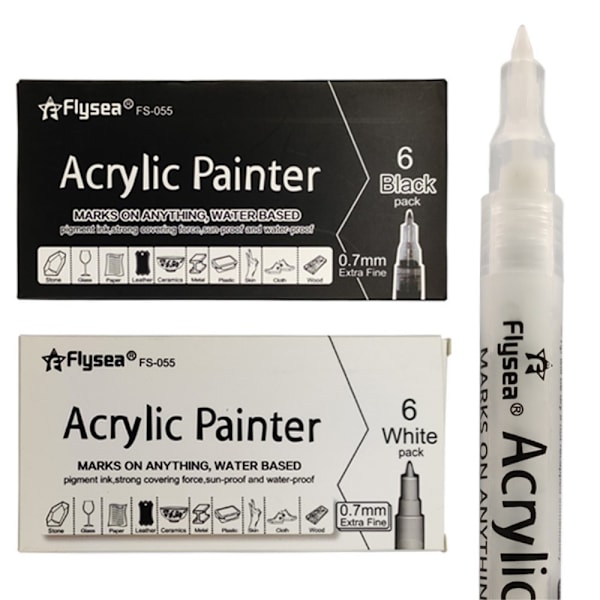 2 stk 1 Sort 1 Hvid Akryl farvepen farvetusch til glas papir sten Black