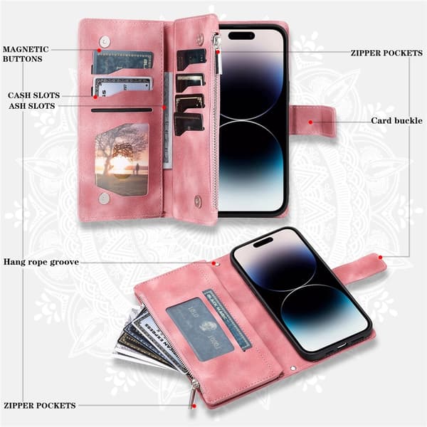 Pungetui kompatibelt med iPhone 17 Pro Max cover etui mandala blomstermønster Pink