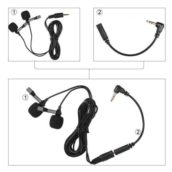 Lavalier Lapel Dual Head Mikrofon Mikrofon 3.5 mm lydplugg Black