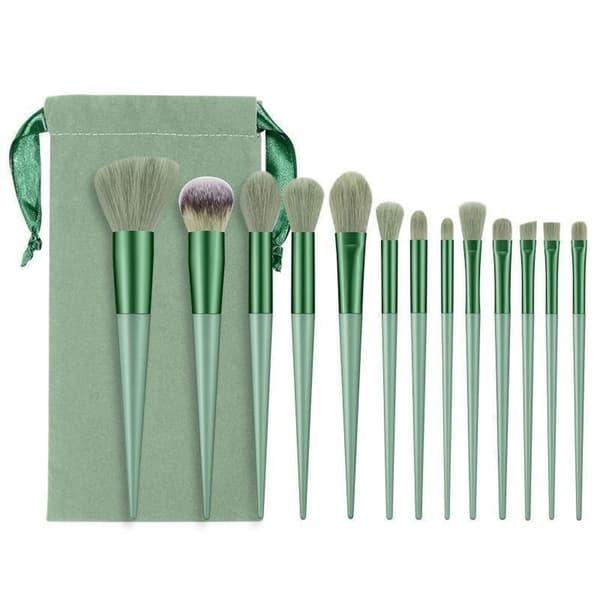 13 st Makeup Brush Set Borstar Foundation Kontur Blandning sammetspåse - Grön