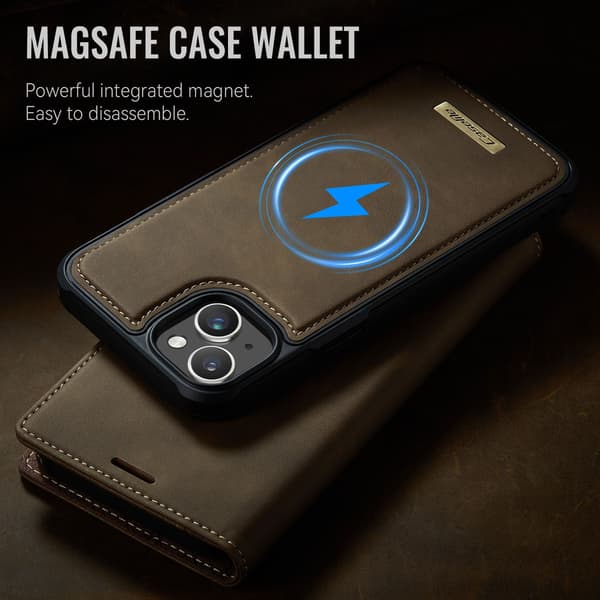 CASEME Til iPhone 15 Lommebokdeksel Magnetisk Avtakbar RFID Beskyttelse - Coffee Brown