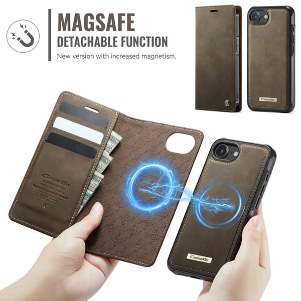 CASEME Til iPhone 17e / 16e  Lommebokdeksel Magnetisk Avtakbar RFID Beskyttelse - Coffee Brown