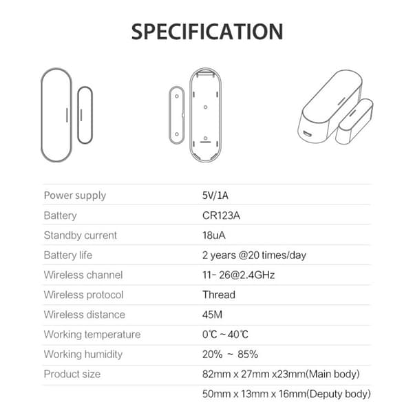 Matter Thread Dörrsensor USB-driven Magnetisk Smart Home Sensor Fönsterlarm Vit