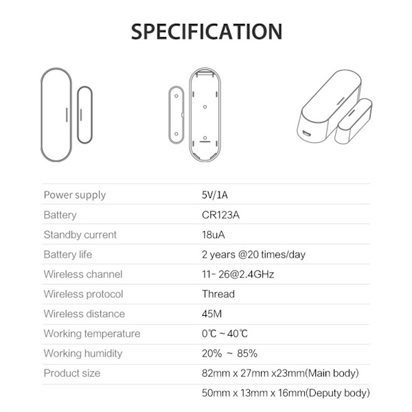 Matter Thread Dørsensor USB-drevet magnetisk Smart Home Sensor Vinduesalarm White