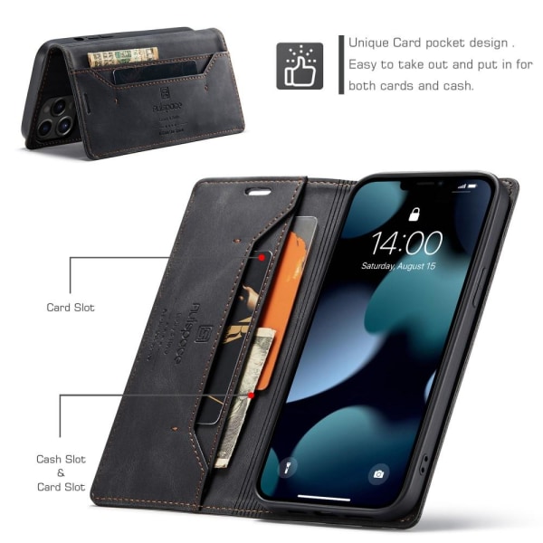 AUTSPACE A01 Retro lompakkokotelo iPhone 13 Pro - musta Black