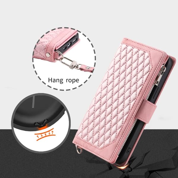 För Xiaomi Redmi 14C Zipper Wallet Case Rhombus Stitching Line Telefonfodral Rosa