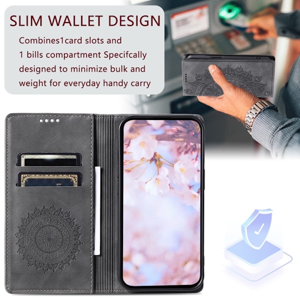 Samsung Galaxy S25 -lompakkokotelon kuoren kuoren Mandala-kukkakuvio Grey