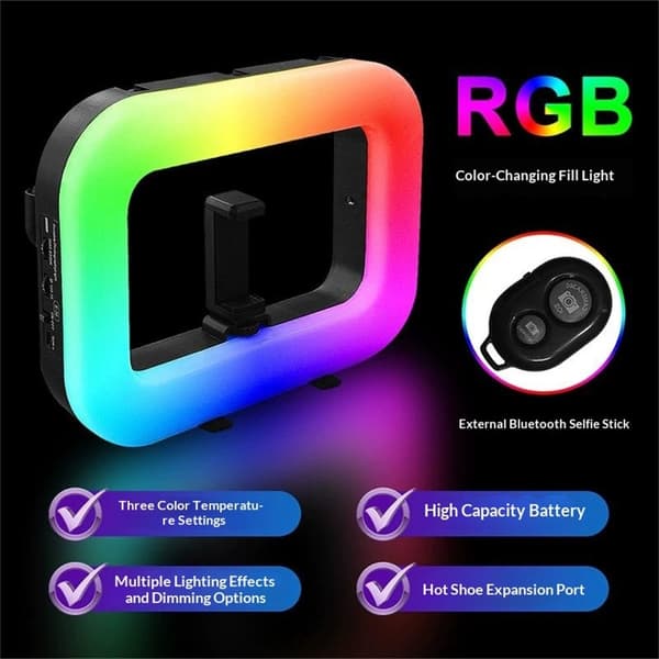 E-30 RGB LED-fotolys – bærbart lys, trinnløs dimming, telefonholder Black