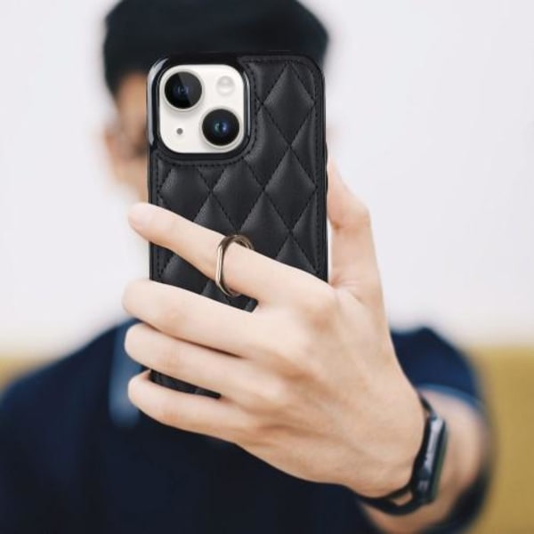 iPhone 14 Etui Rhombus Grid Pattern Bagcoverring Kickstand - Sort Black