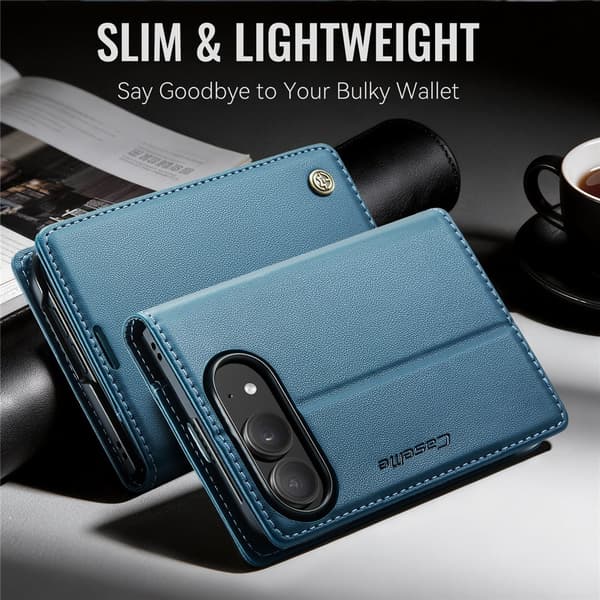 CASEME Glanset telefonlommebokdeksel med litchi tekstur til iPhone Duo Blue