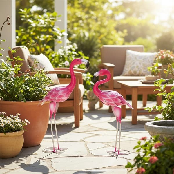 Flamingostatue Metallskulptur Hagefugldekorasjon - med hodet opp Pink