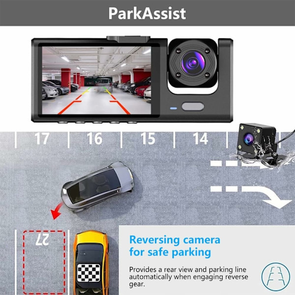 Bilkamera 3 objektiv vidvinkel 1080P HD bil DVR Dash Cam parkeringsmonitor Svart