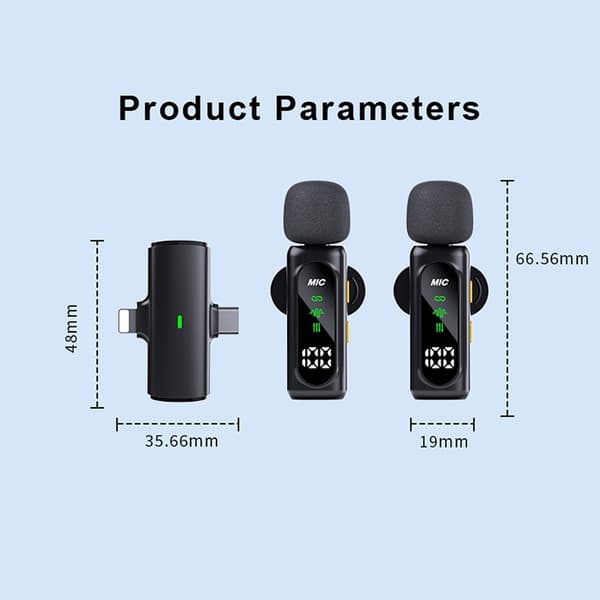4-i-1 mikrofon med lavalier, OLED, ANC, støydemping, 4 mikrofoner + 1 mottaker Black