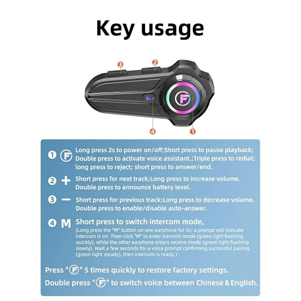 Motorcykelhjelm Bluetooth Intercom Headset IP67 Vandtæt 1000m Rækkevidde Tovejs Black