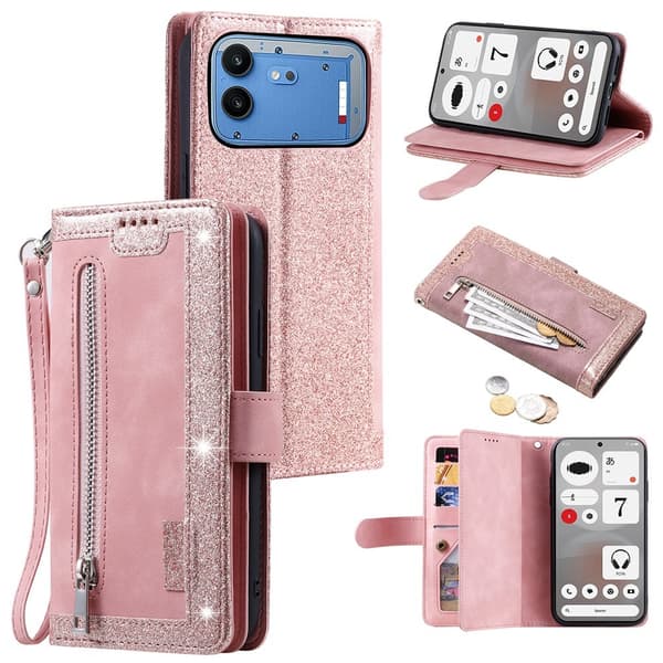 Mobilcover med kortlommer og håndledsrem til Nothing Phone (4b) Pink