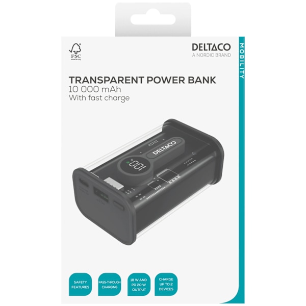 Deltaco Transparent virtapankki pikalatauksella 10 000 mAh Black