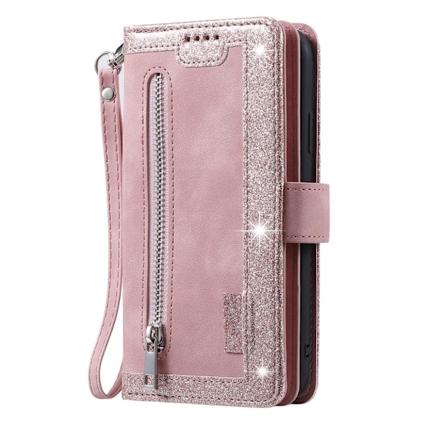 Til Samsung Galaxy S25 5G Etui med Lynlåslomme og 9 Kortlommer Pink