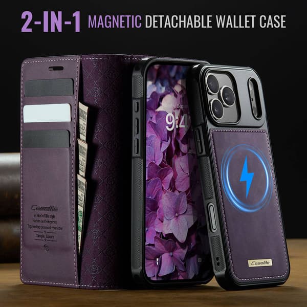 CASEME Til iPhone 17 Pro Max Lommebokdeksel Magnetisk Avtakbar RFID Beskyttelse Purple