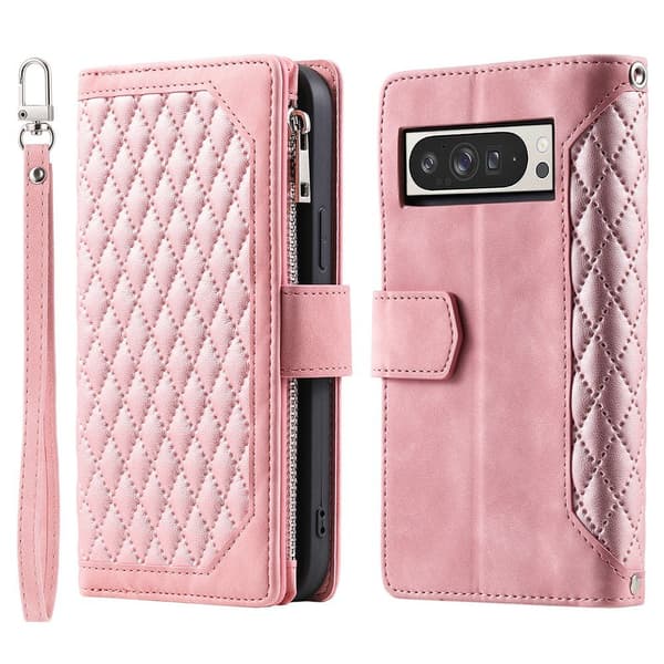 För Google Pixel 10 Pro XL Zipper Wallet Case Rhombus Telefonfodral Rosa