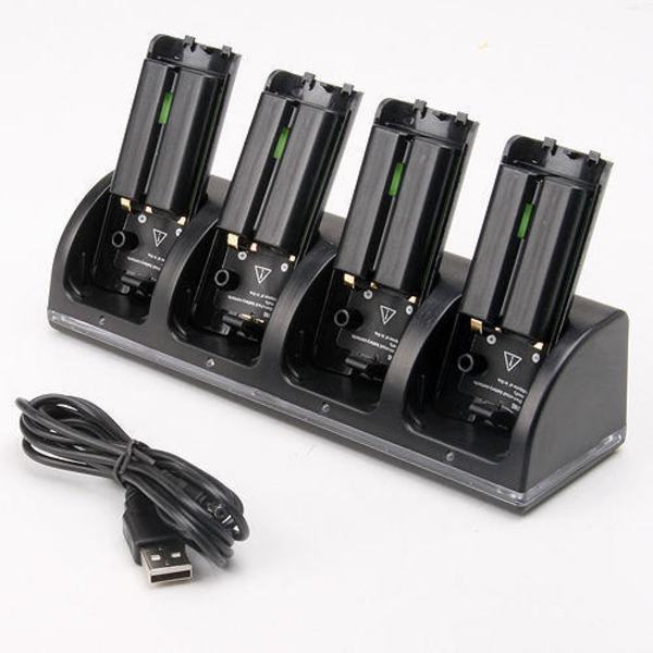 Kompatibel med Wii ladestativ Bluelight ladestasjon for 4 kontroller - svart Black
