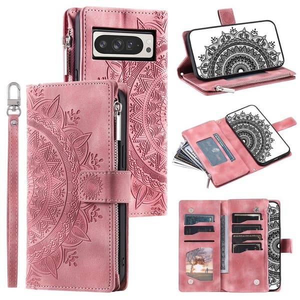 For Google Pixel 10 Pro XL  Lommebok Deksel Shell Mandala Blomstermønster Pink gold