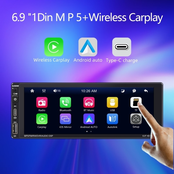 6,9" IPS-skärm Trådlös Car Play Bilstereo Bluetooth MP5-spelare Svart