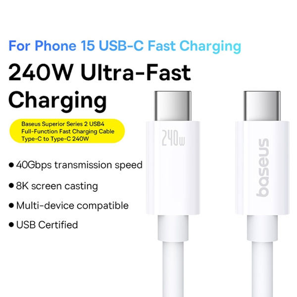 BASEUS Superior 1 M pikalatauskaapeli 240 W USB-C - USB-C White