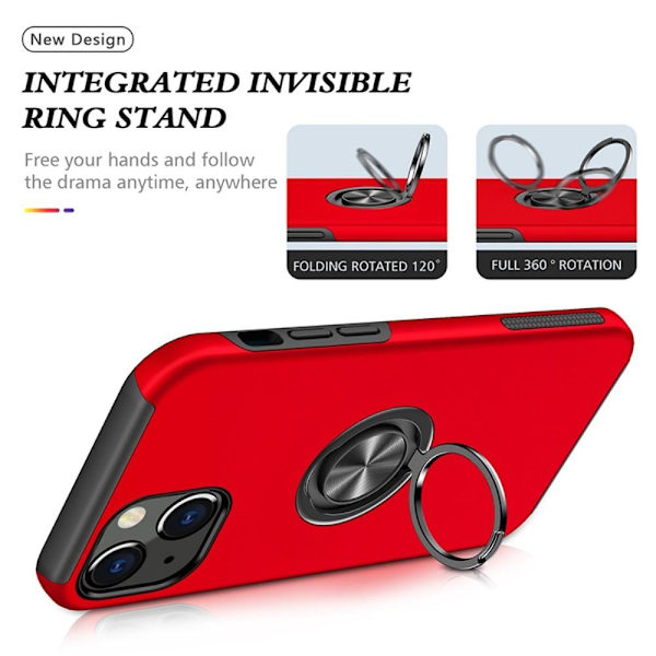 iPhone 14 Plus Finger Ring Stativ Hybrid Etui - Rød Red