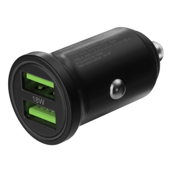USB-biloplader, 2x USB-A 18 W, hurtigopladning 36 W i alt Black