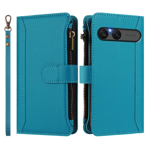 Til Sony Xperia 10 VII Etui med 9 kortpladser, lynlåspung og stativ - Lyseblå Light blue