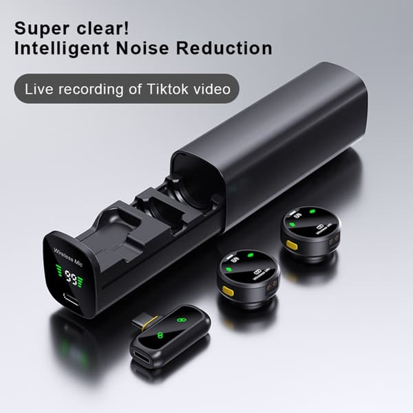 Trådløs mikrofon med støydemping og USB-C-tilkobling – 2 mikrofoner + 1 mottaker Black