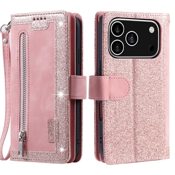 Til iPhone 17 Pro Deksel med glidelås og 9 kortspor Pink