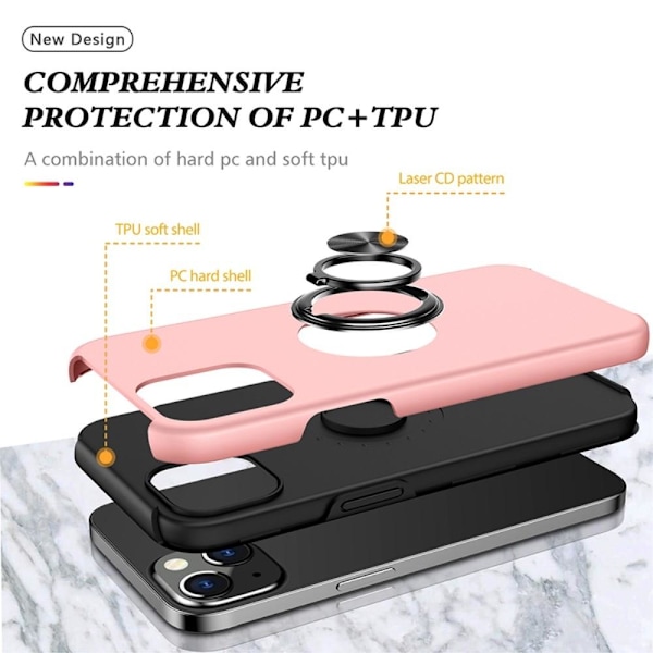 iPhone 14 Hybrid skal med Finger Ring - Rosa Rosa