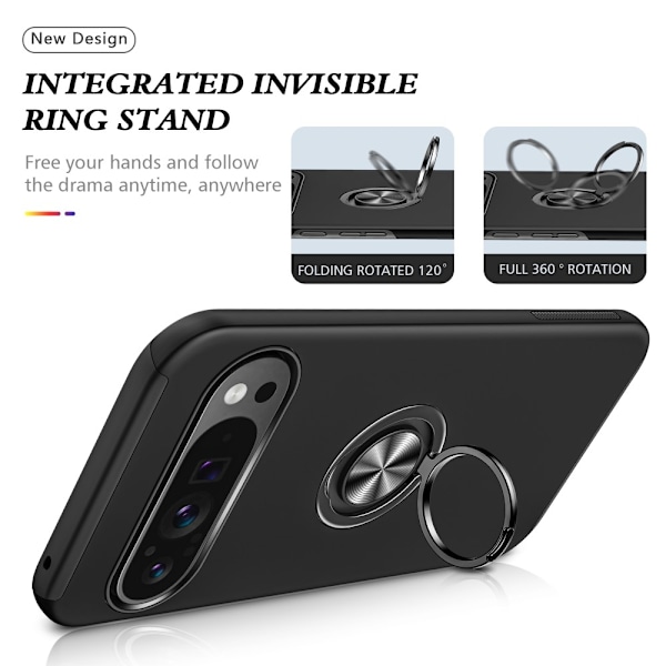 Google Pixel 9 / Pixel 9 Pro sormenrengasjalustan hybridikotelo - musta Black