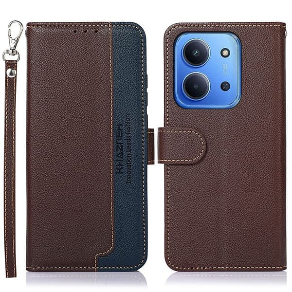 KHAZNEH Til Xiaomi Redmi 15C Etui RFID-blokkerende telefonlærfutteral Brun/Blå Brown