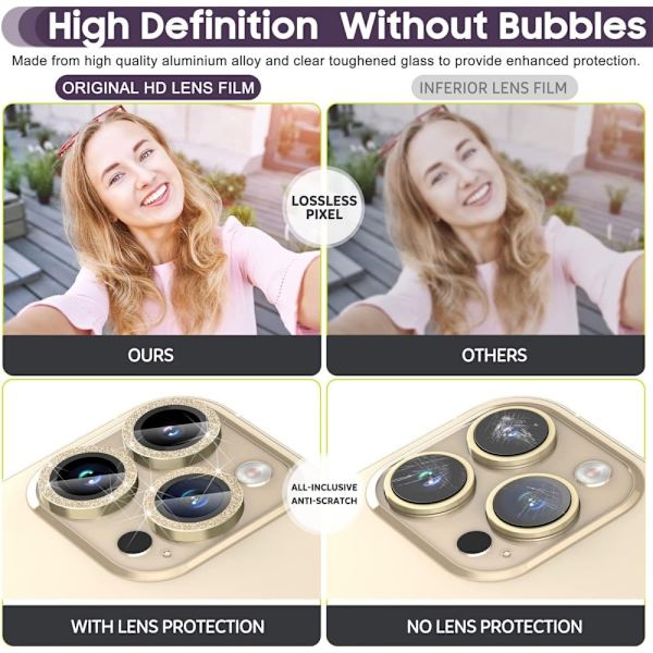 Til iPhone 15 Pro / 15 Pro Max Lens Glitter Gold