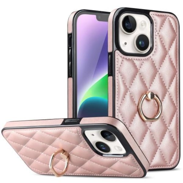 iPhone 14 Etui Rhombus Grid Mønster Bagcoverring Kickstand - Ros Pink gold