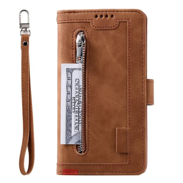 Til Xiaomi Redmi Note 14 4G Etui med Lynlåslomme og 9 Kortlommer Brown