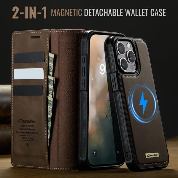 CASEME Til iPhone 15 Pro Lommebokdeksel Magnetisk Avtakbar RFID Beskyttelse - Coffee Brown