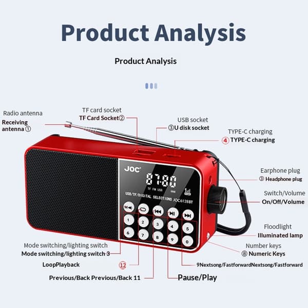 6128BT digitalradio med LED-display, nødlys, Bluetooth-understøttelse og TF-kortlæser. Red