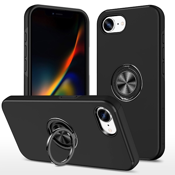 Til iPhone 17e / 16e Finger Ring Kickstand Hybrid Taske - Sort Black