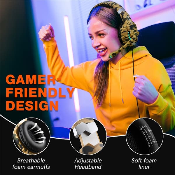 KOTION Gaming Headset LED Trådbundna hörlurar med mikrofon Kamouflage LED - Gul Gul